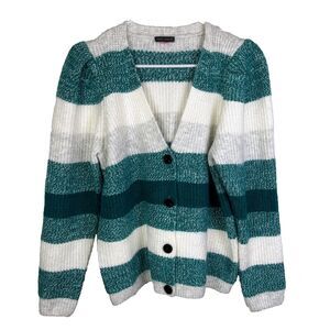 Vince Camuto Puff Sleeve Cardigan Button Front Knit Teal Grey Cream Striped L